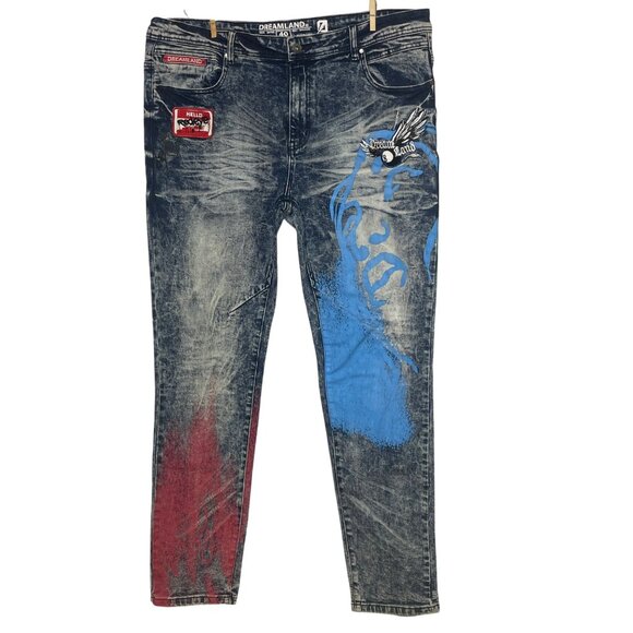 Dreamland Acid Wash Painted Jeans Sz 40x34 Patches Streetwear Bleached - Picture 1 of 7